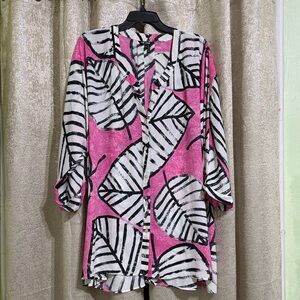 NIC+ZOE Pink and White Abstract Leaf Button-Front Tunic